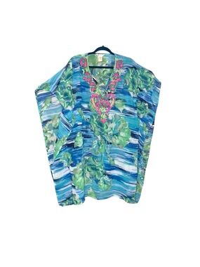 Lucky & Coco Blue Green Floral Swim Coverup with Pink Embroider Beads V-Neck XL